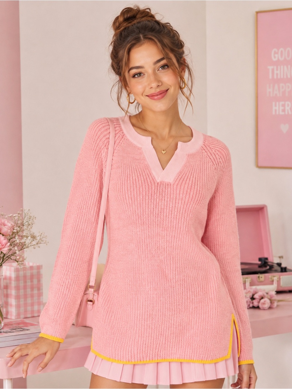 Peace Love World Cotton Split-Neck Texture Knit Sweater, Pink XL